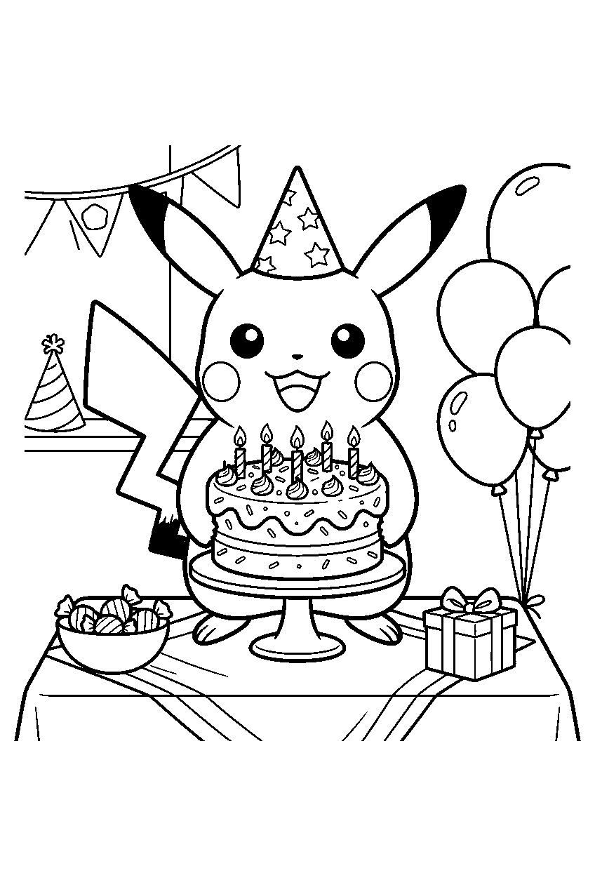 pikachu holding a birthday cake at a decorated party table line art
