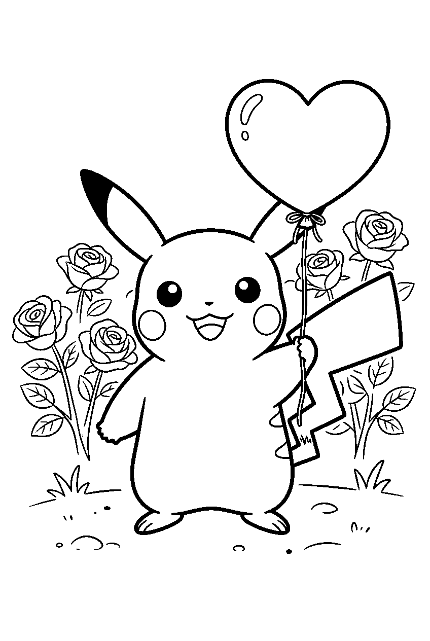 pikachu holding a heart shaped balloon in a rose garden line art