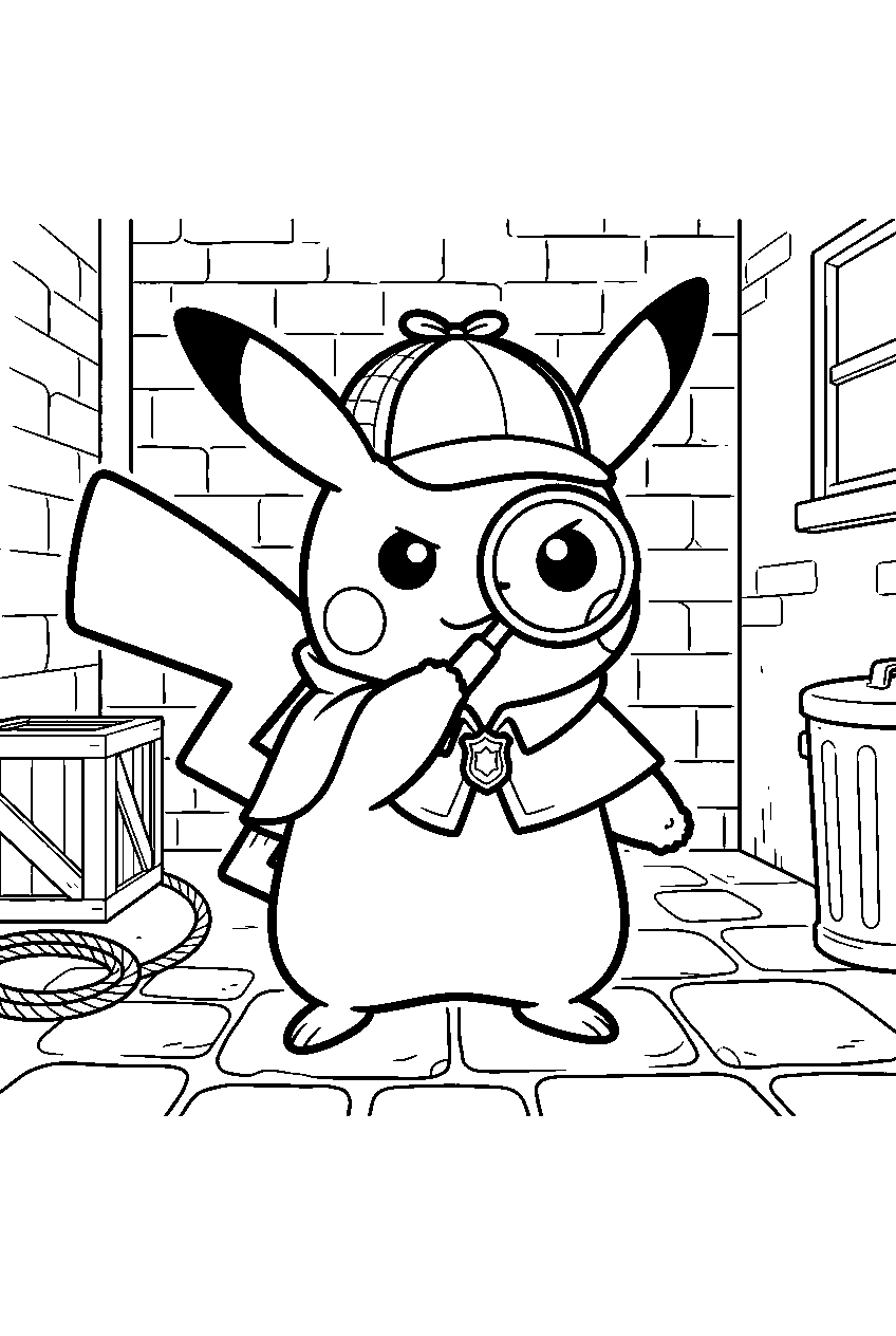 pikachu holding a magnifying glass as detective pikachu in a city alley line art