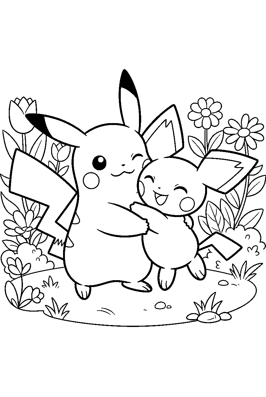 pikachu hugging pichu in a flower garden line art
