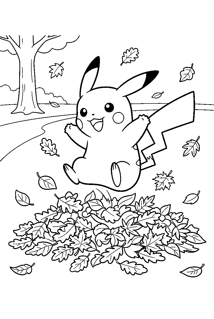 pikachu jumping into fallen leaves in an autumn park line art