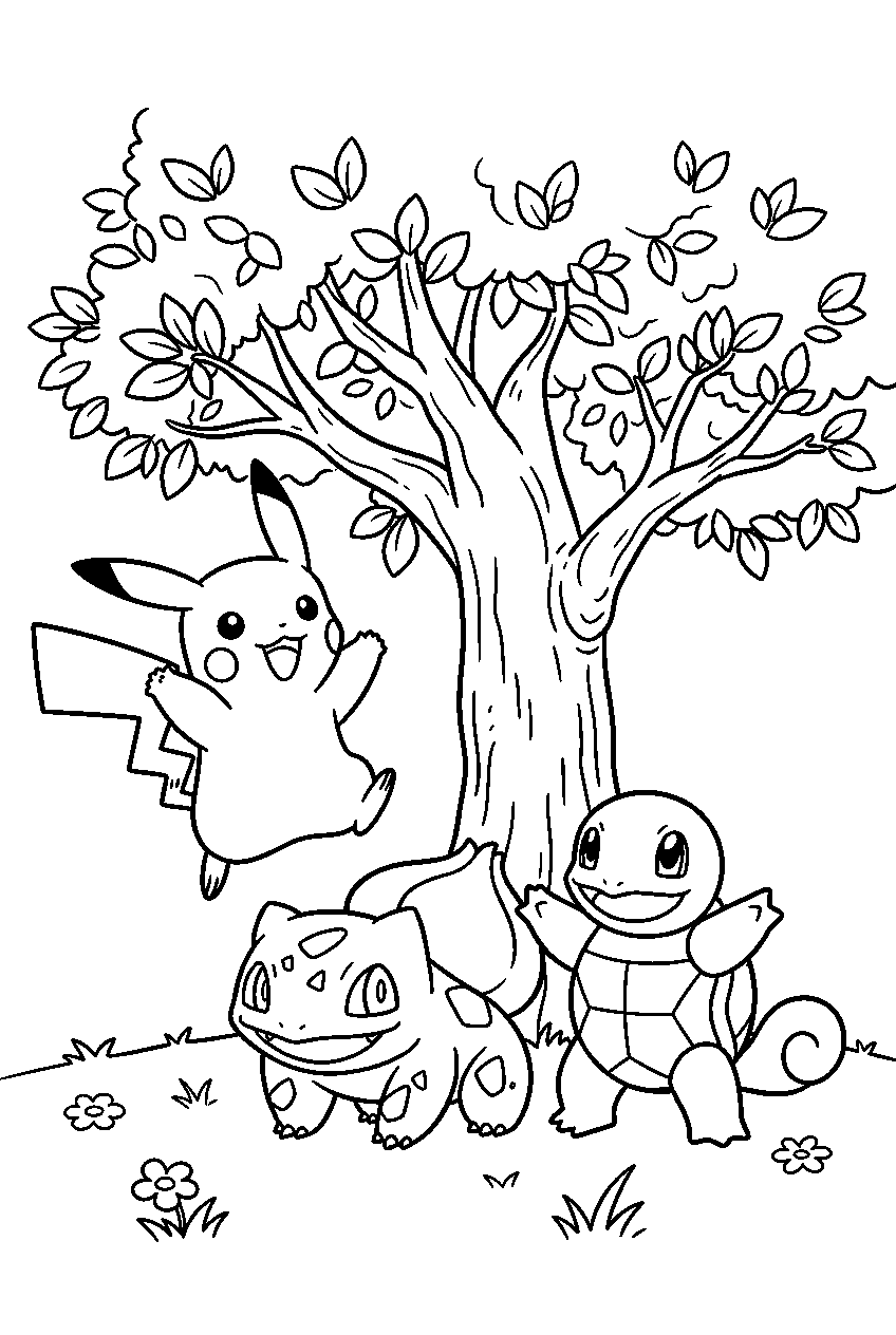 pikachu jumping with bulbasaur and squirtle beneath a leafy tree line art