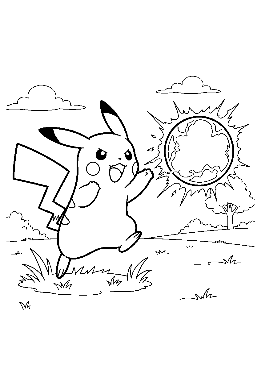 pikachu launching electro ball across a grassy training field line art