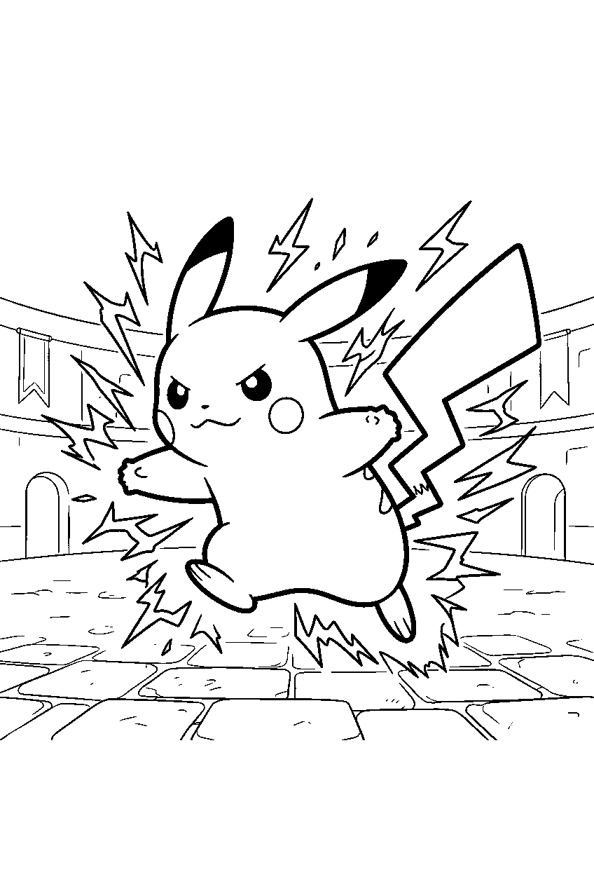 pikachu leaping through electric sparks in a stadium battlefield line art