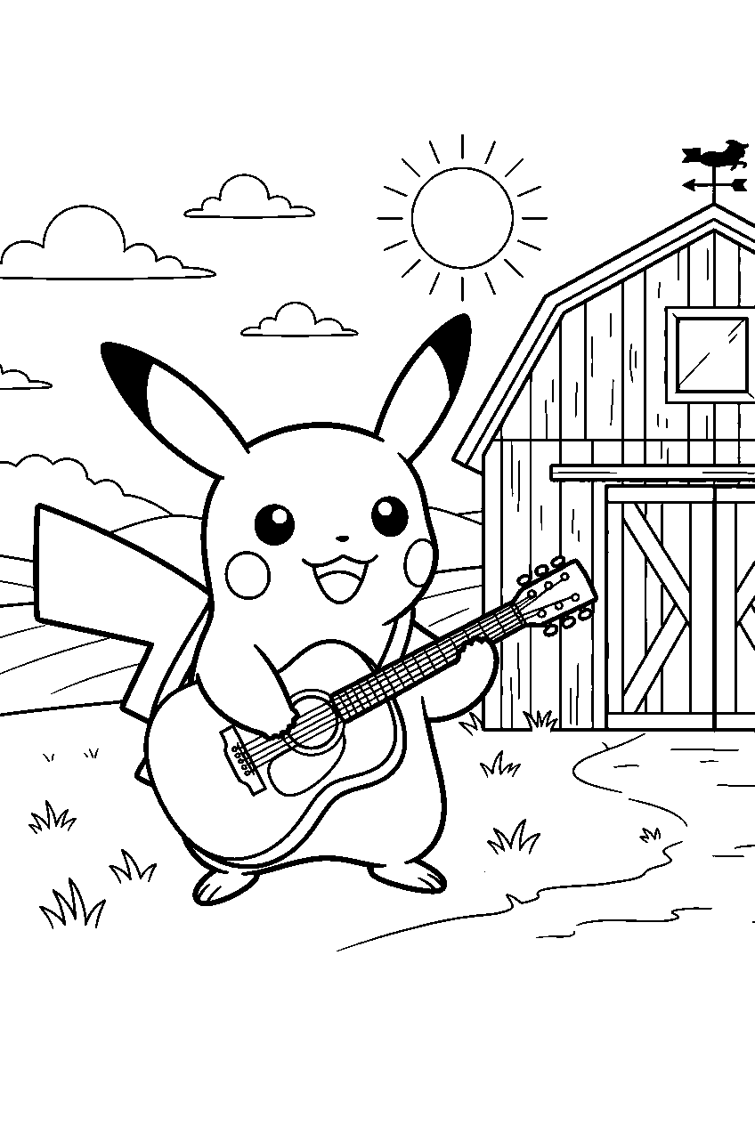 pikachu playing a guitar beside a barn on a sunny farm line art