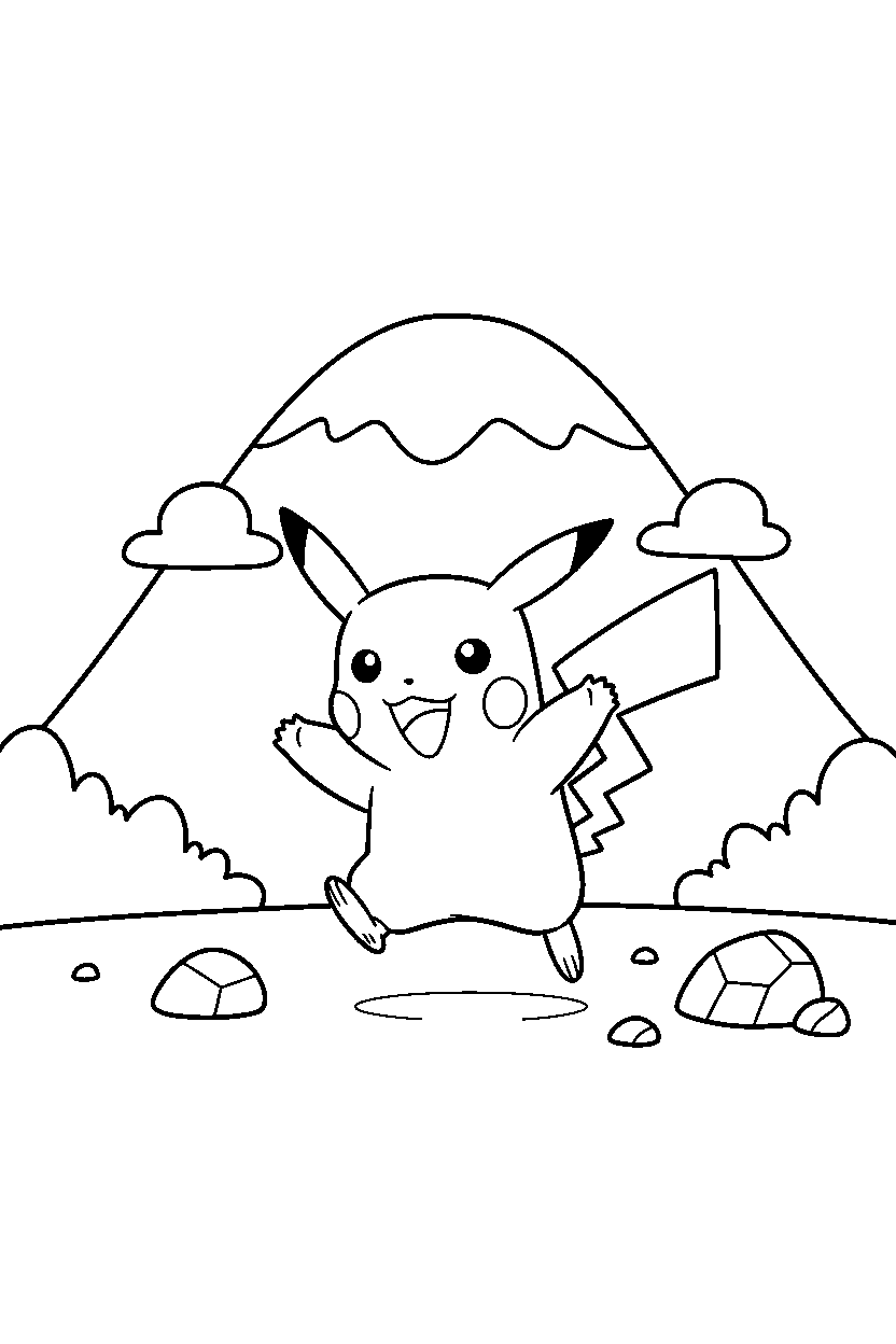 pikachu pokemon playing happily near a mountain line art