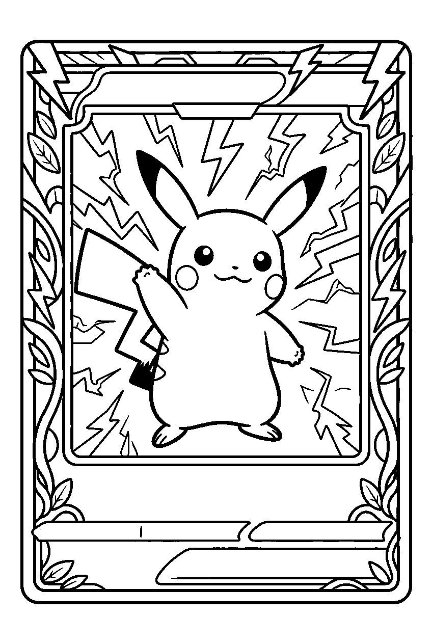 pikachu posing inside a pokemon trading card frame with lightning bolts line art