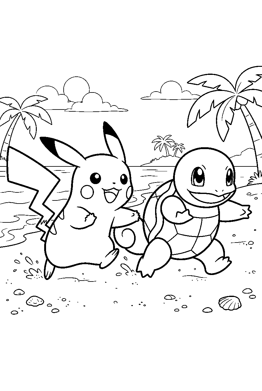 pikachu racing squirtle along a tropical shoreline line art