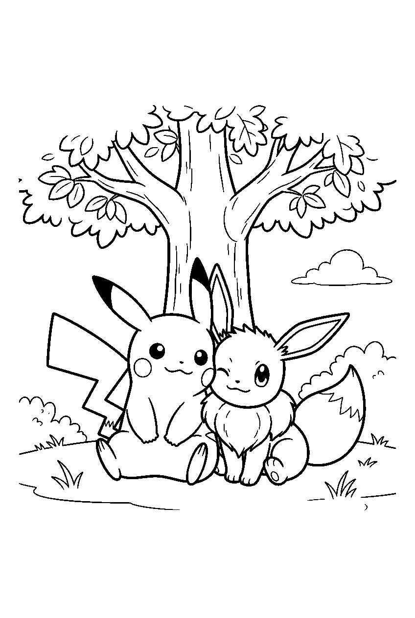 pikachu relaxing beside eevee beneath a shady tree line art