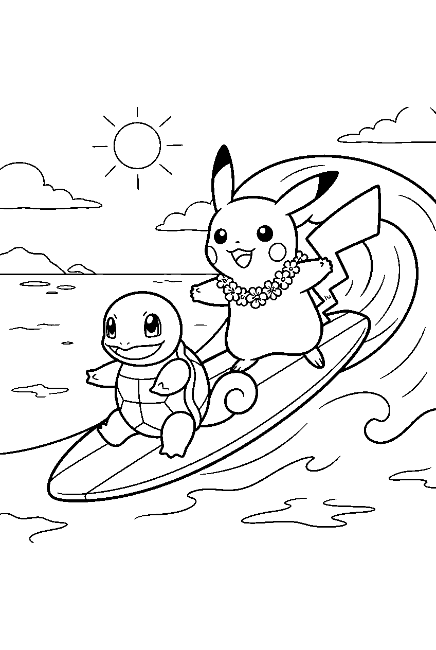 pikachu riding a surfboard with squirtle across the ocean line art