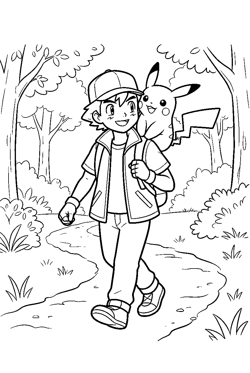 pikachu riding on ash s shoulder along a forest trail line art