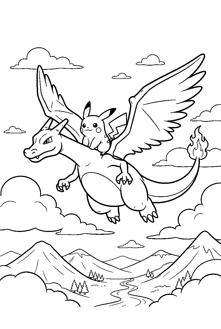 pikachu riding on charizard through clouds above a mountain valley line art