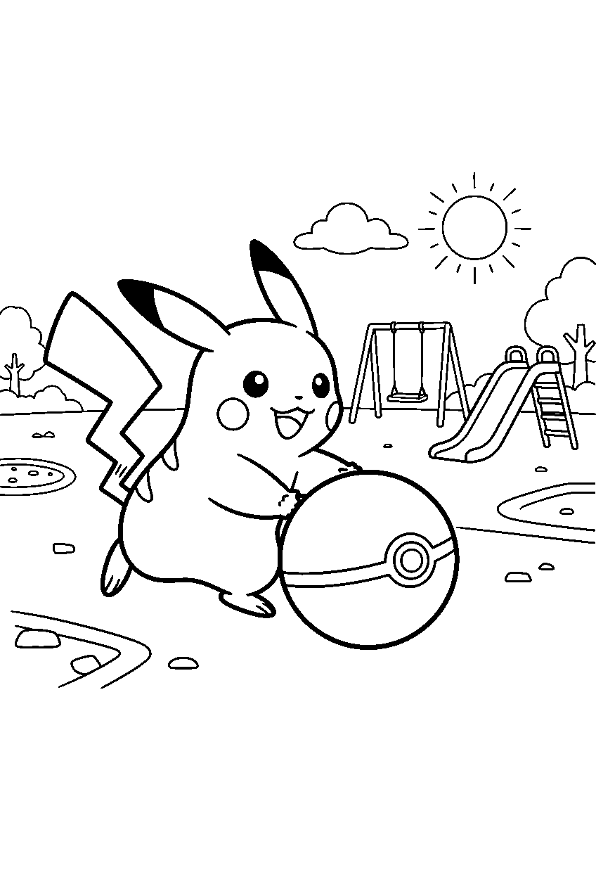 pikachu rolling a pokeball across a sunny playground line art