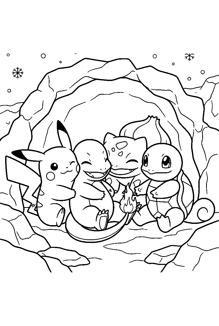 pikachu sheltering with charmander bulbasaur and squirtle inside a snowy cave line art