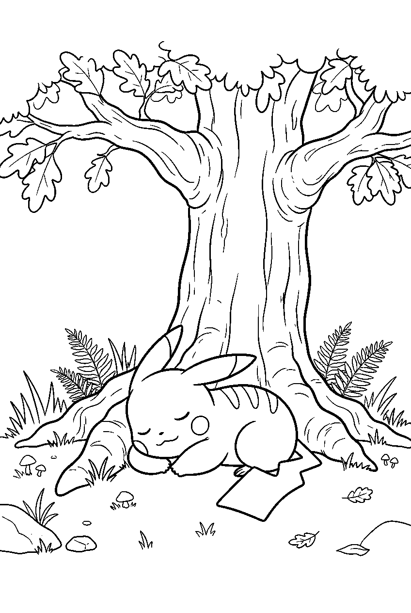 pikachu sleeping beneath an oak tree in a quiet forest line art