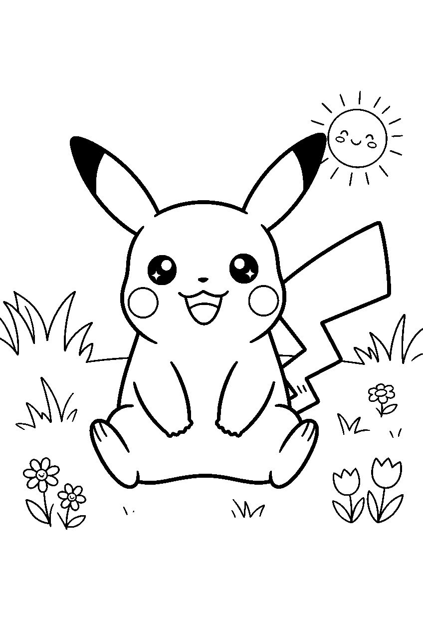 pikachu smiling with a kawaii expression in a sunny meadow line art