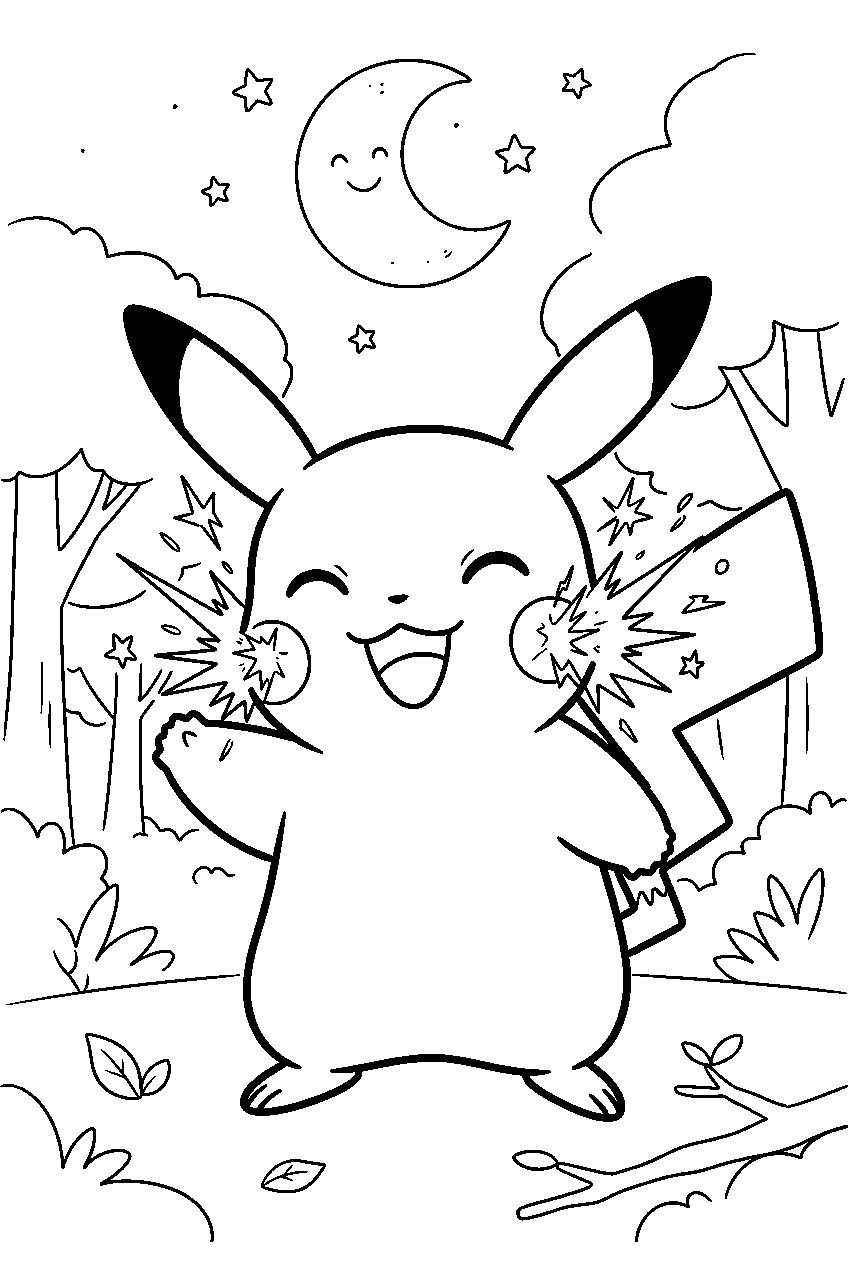 pikachu smiling with its cheeks sparking in a moonlit forest line art