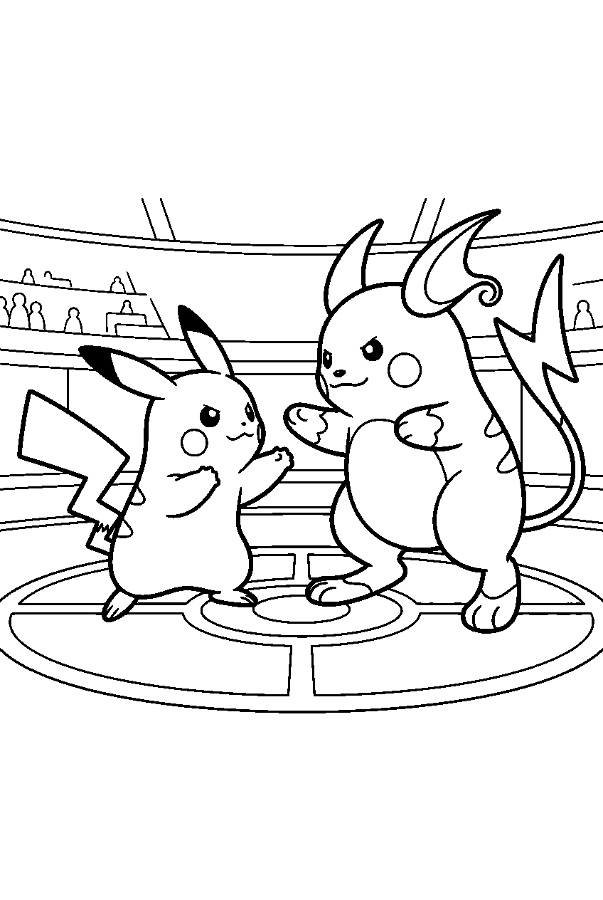 pikachu sparring with raichu inside a stadium arena line art