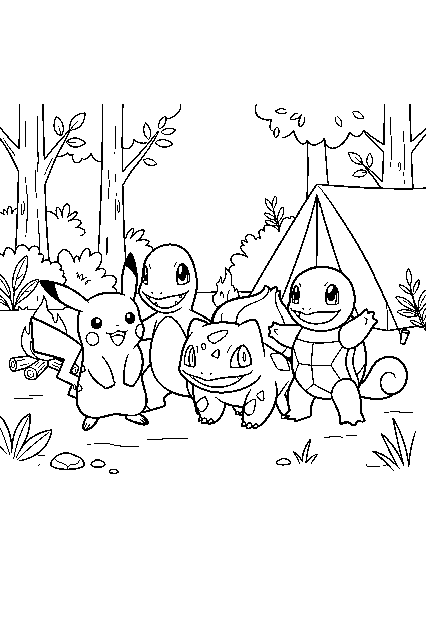 pikachu standing with charmander bulbasaur and squirtle at a forest camp line art