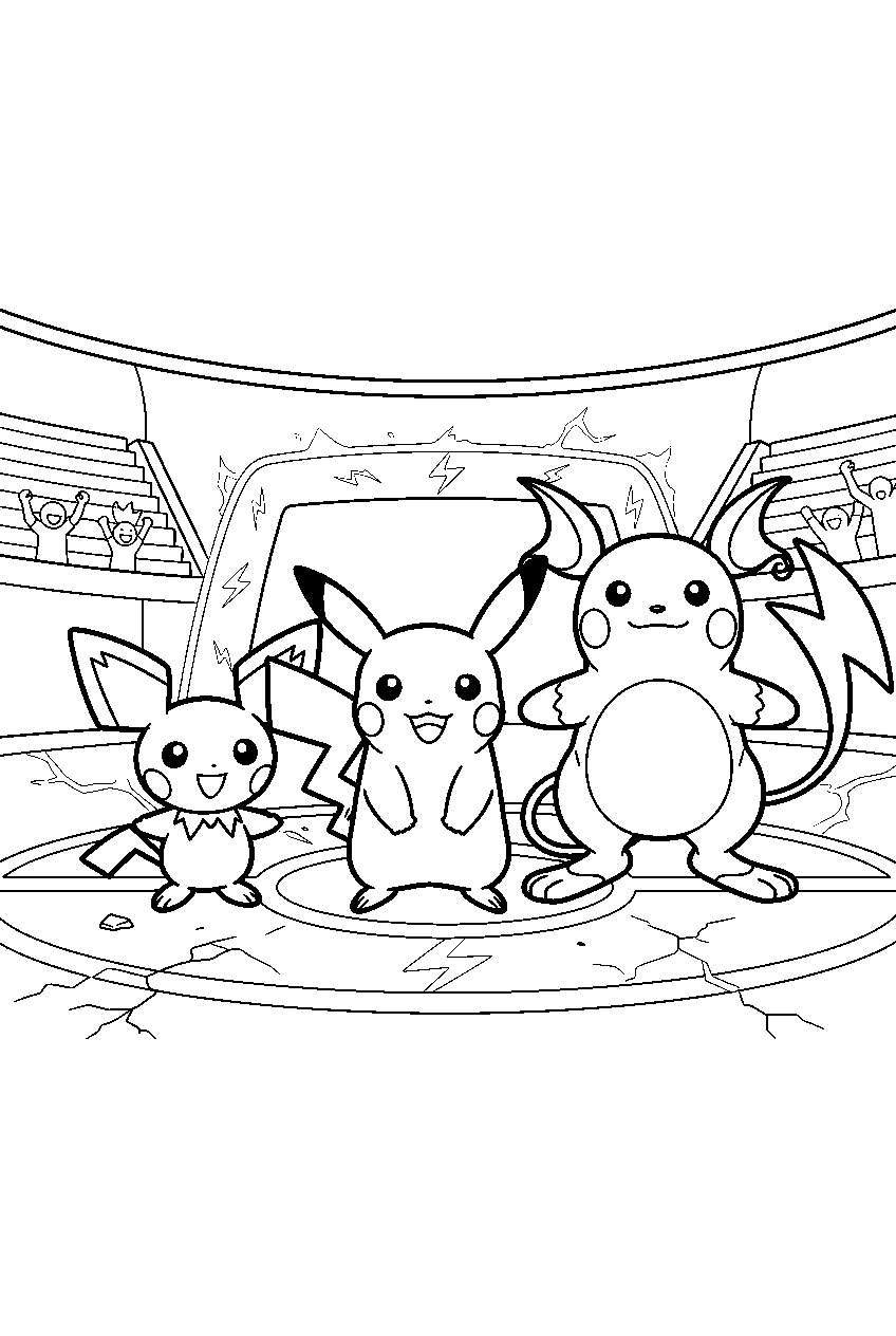 pikachu standing with pichu and raichu in an evolution lineup inside an electric arena line art