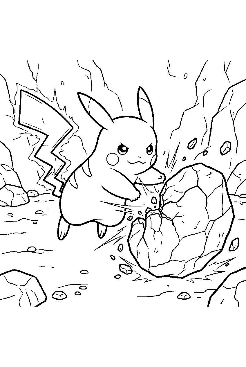pikachu striking a boulder with iron tail in a rocky arena line art