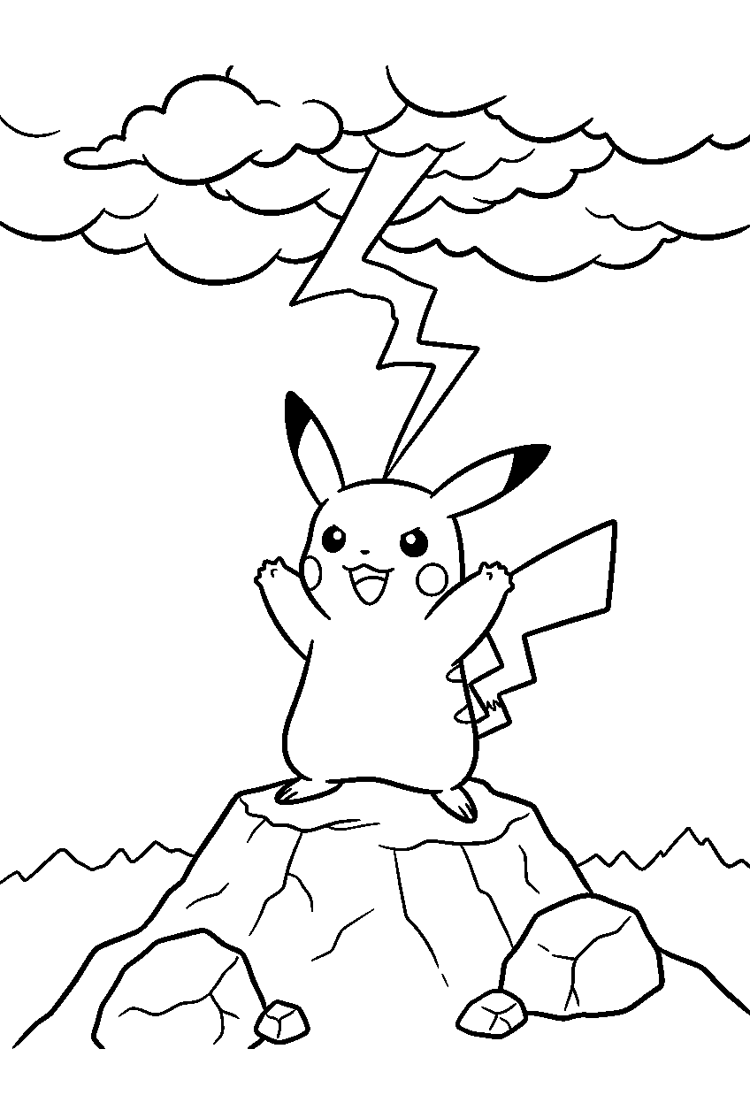 pikachu summoning lightning beneath thunderclouds on a mountain summit line art