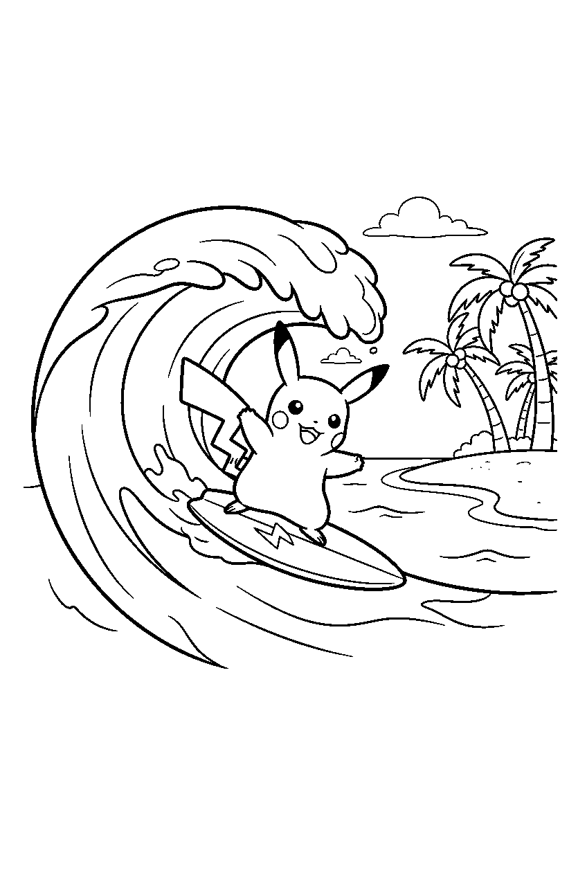 pikachu surfing a large wave beside a tropical beach line art