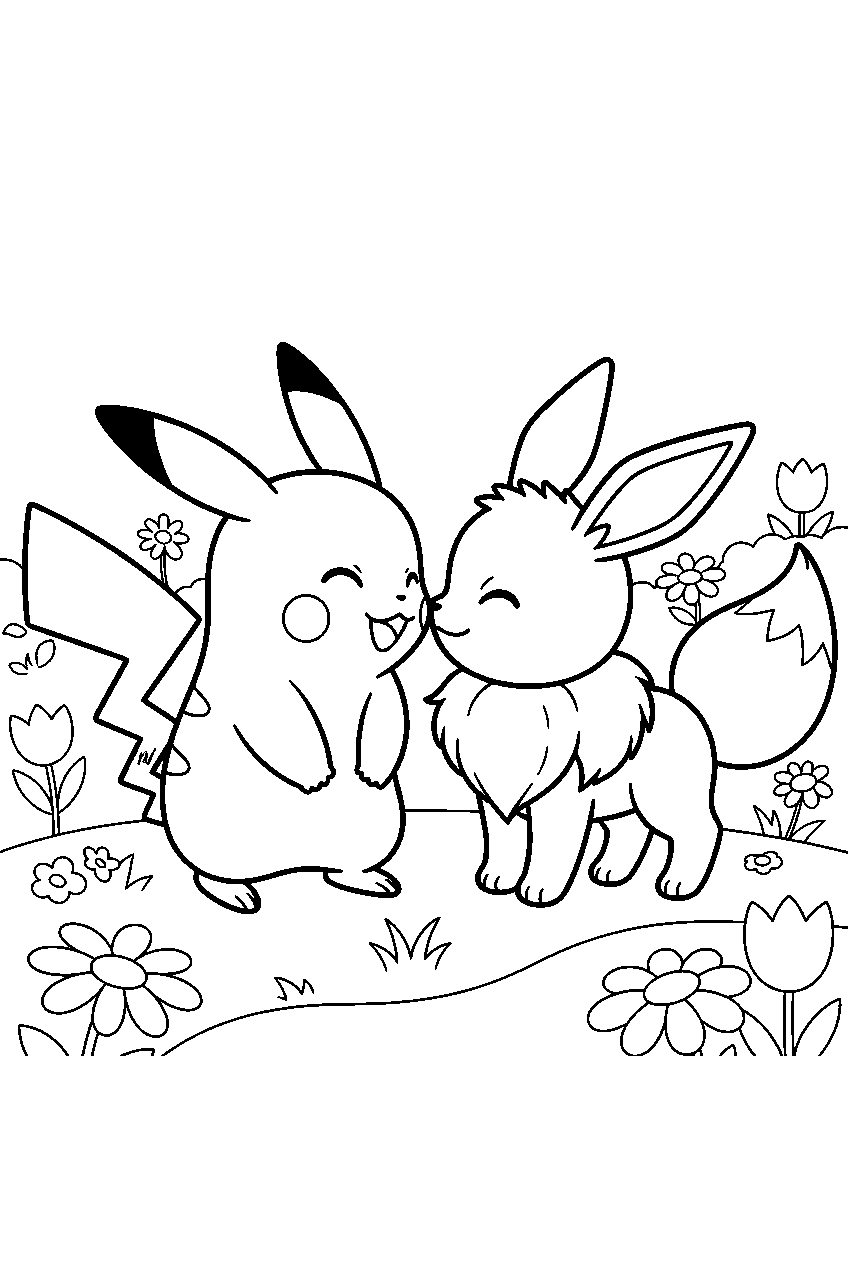 pikachu touching noses with eevee in a flower meadow line art