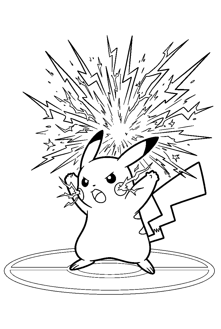 pikachu unleashing thunderbolt inside a stadium arena line art