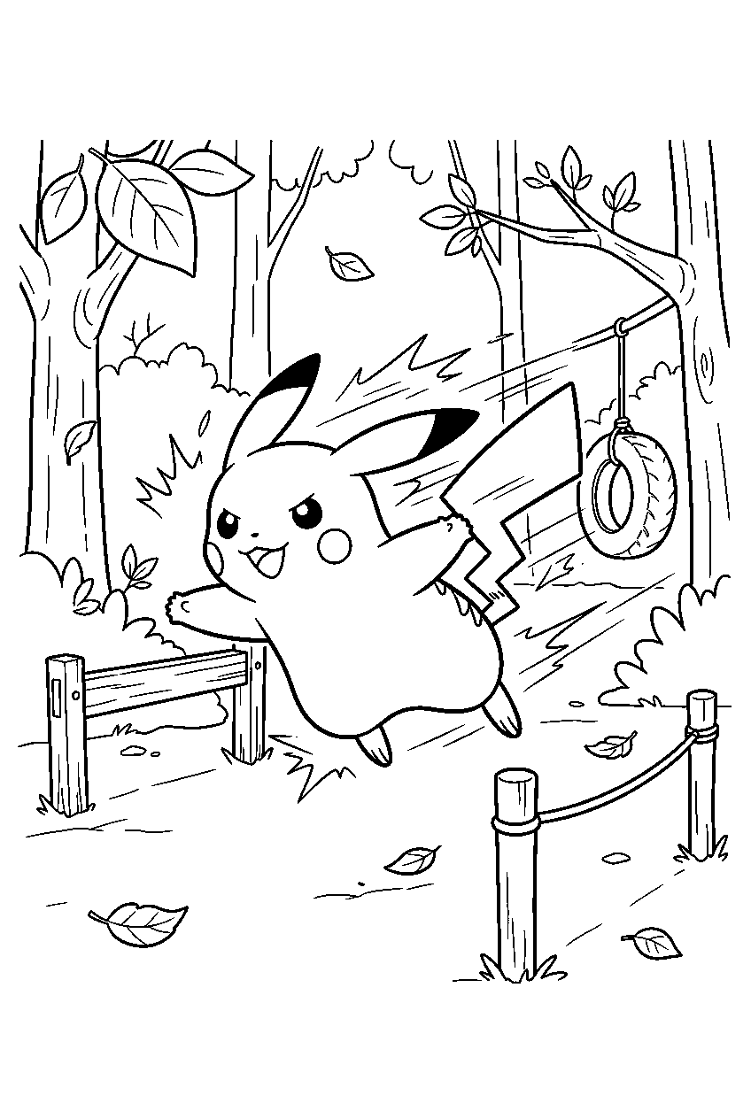 pikachu using quick attack through a woodland training course line art