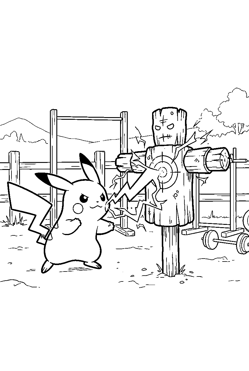 pikachu using thunder shock on a training dummy in an outdoor gym line art