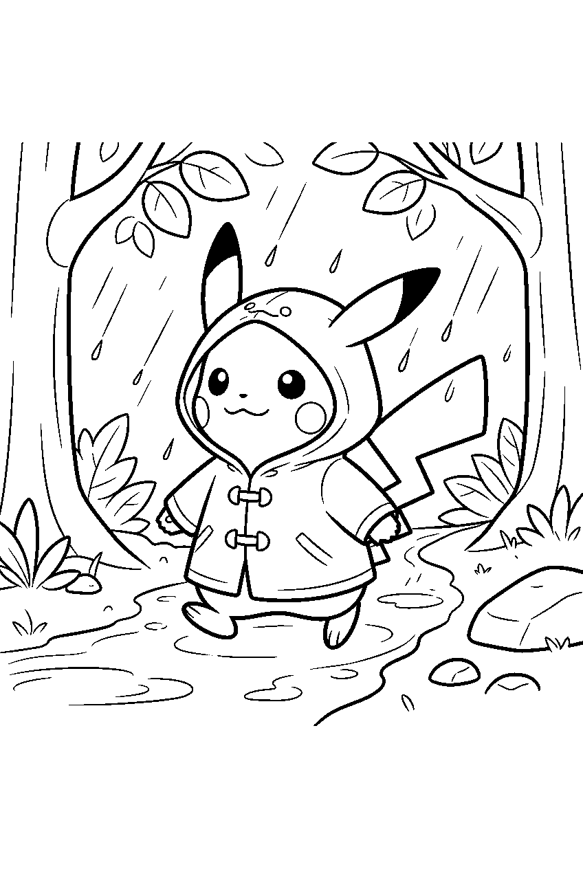 pikachu walking in a raincoat along a rainy forest path line art