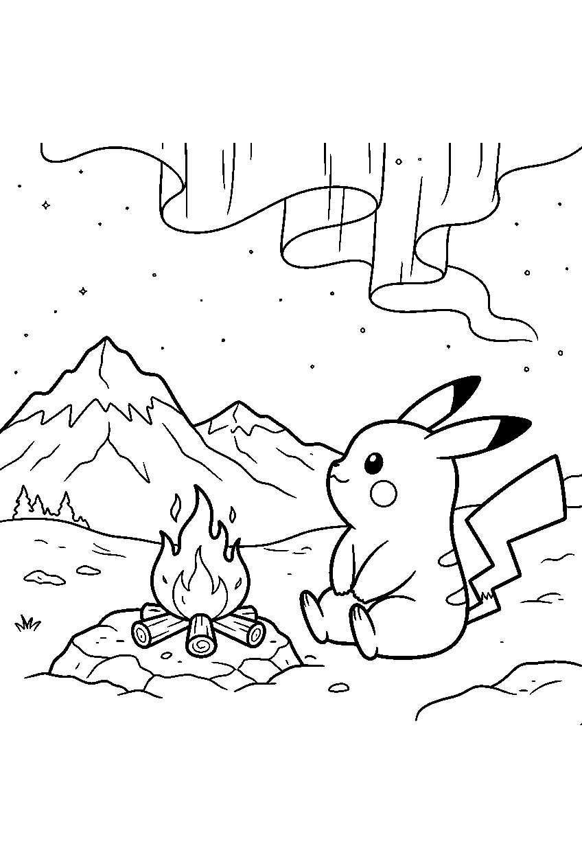 pikachu watching northern lights beside a campfire in snowy mountains line art