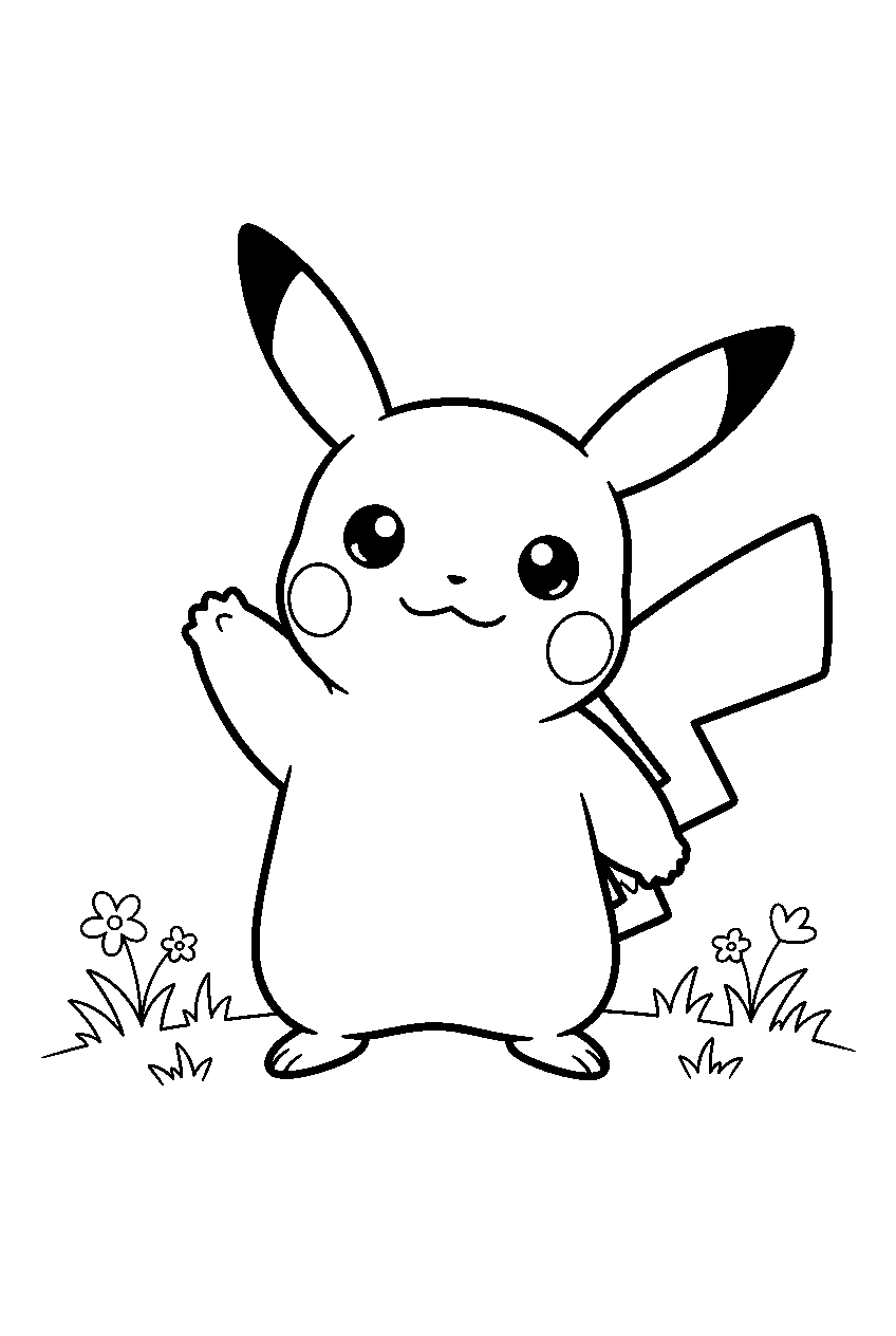 pikachu waving in a cute chibi pose against a simple grassy background line art