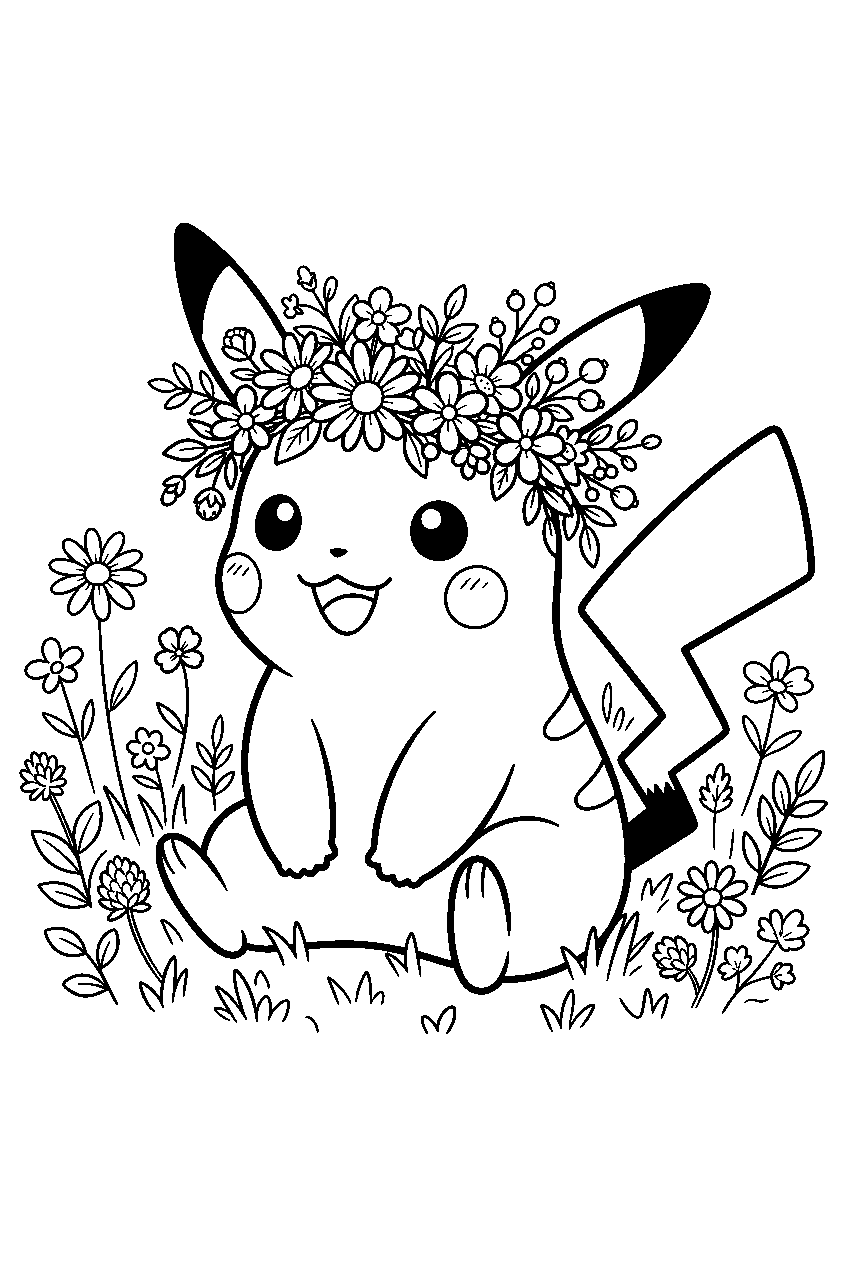 pikachu wearing a flower crown in a wildflower meadow line art