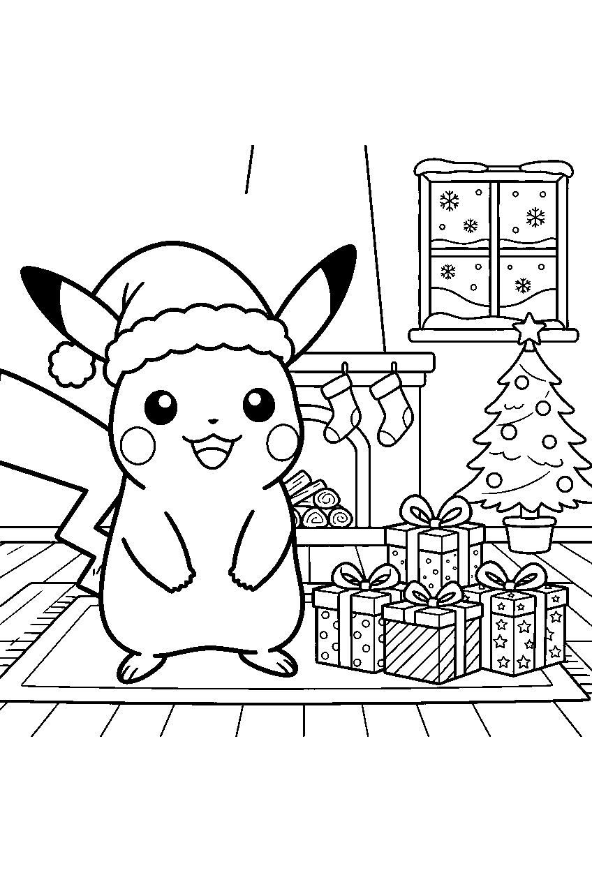 pikachu wearing a santa hat beside gifts in a snowy cottage line art