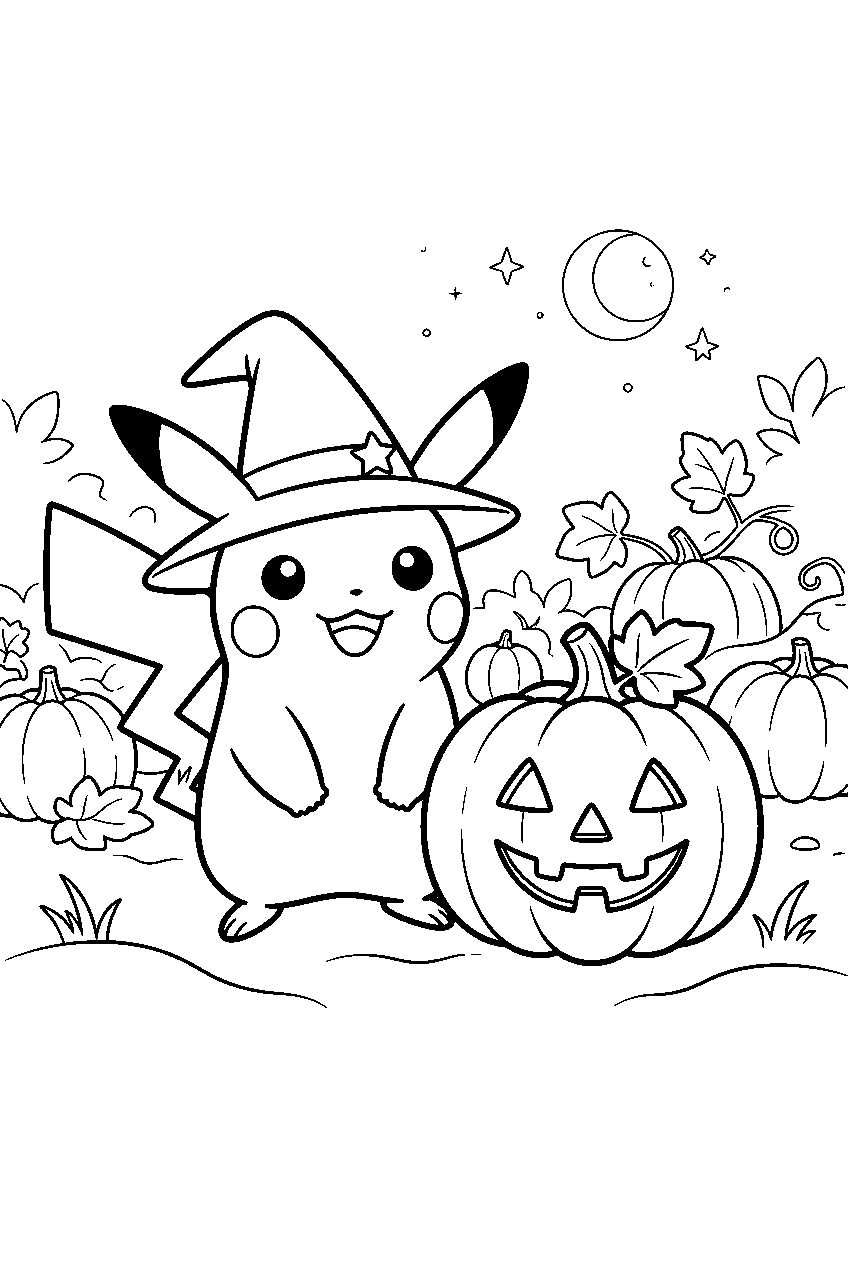 pikachu wearing a witch hat beside a jack o lantern in a pumpkin patch line art