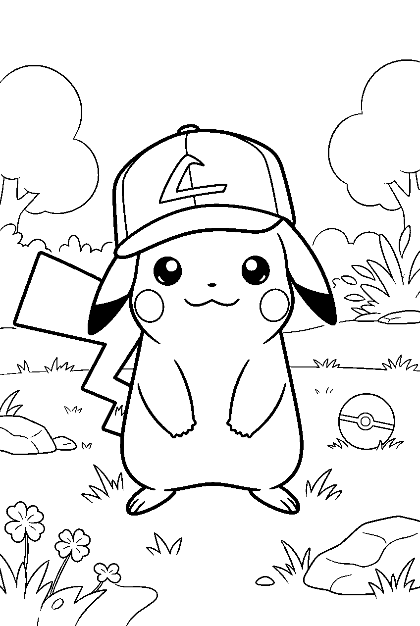 pikachu wearing ash s hat in a grassy training field line art