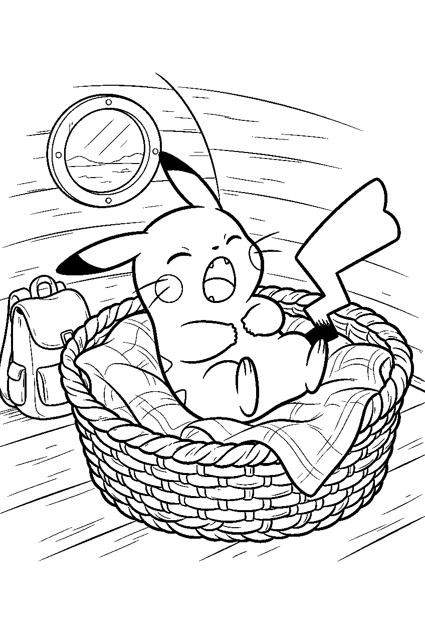 pikachu yawning inside a basket in a trainer cabin line art