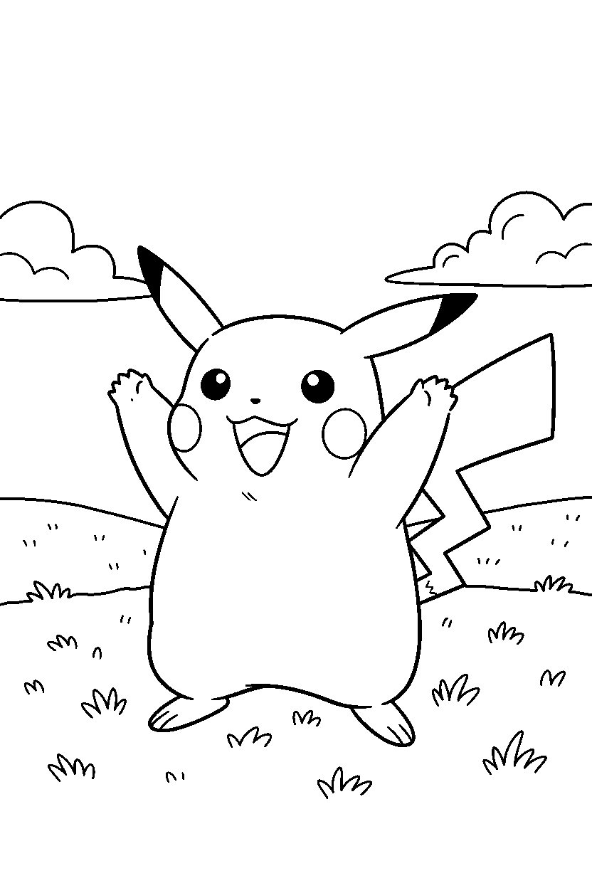 pokemon pikachu celebrating happily in a grassy field line art