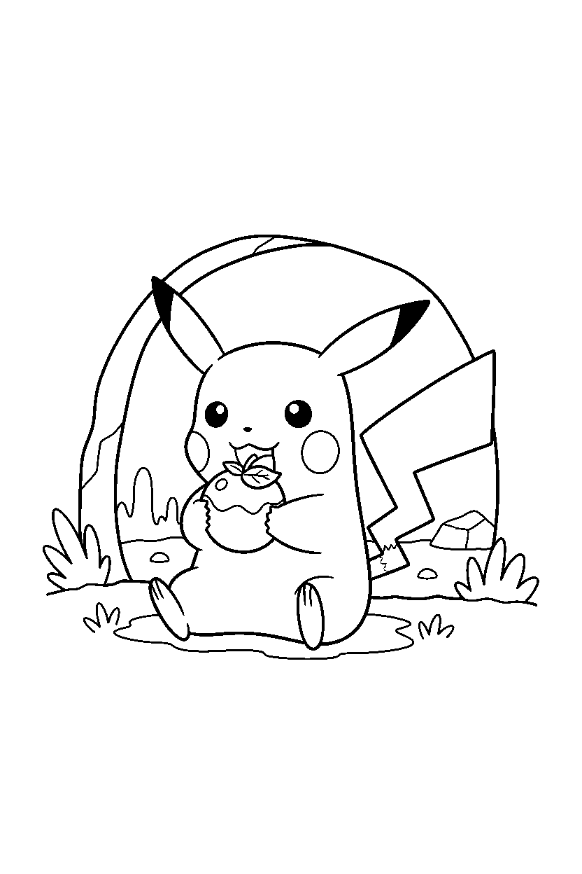 pokemon pikachu eating a snack near a cave entrance line art