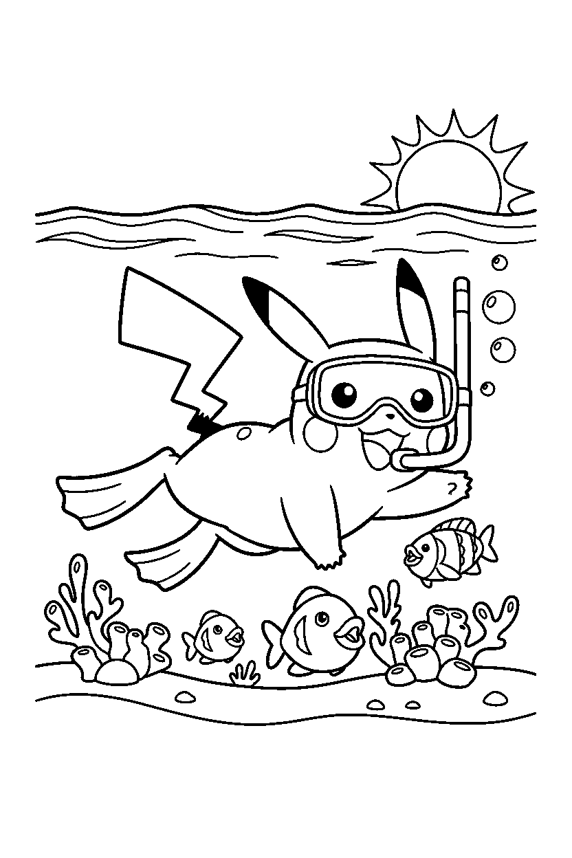 pokemon pikachu exploring in ocean line art