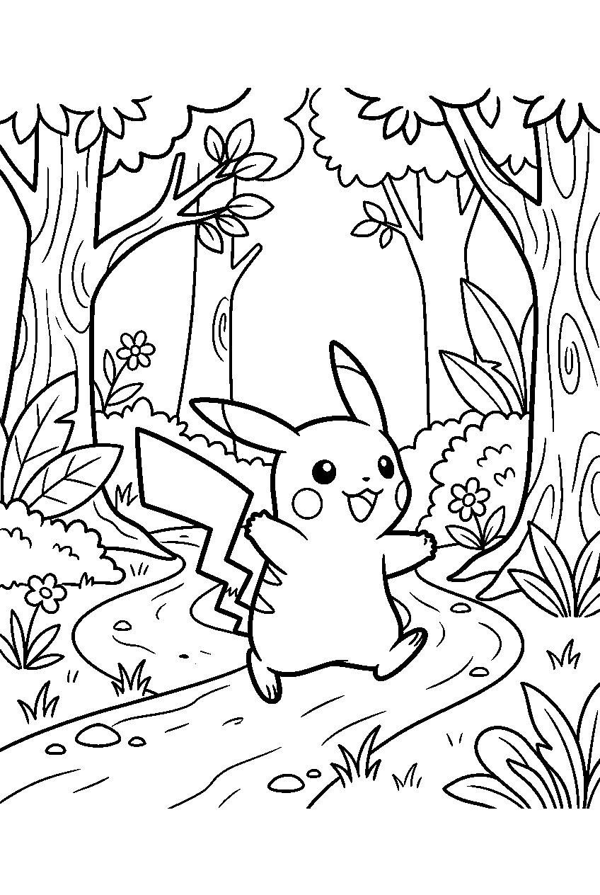 pokemon pikachu exploring on forest trail line art
