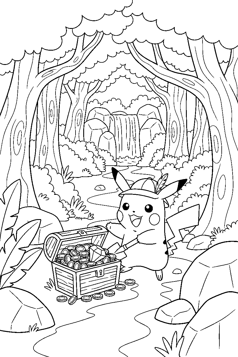 pokemon pikachu finding a treasure in a hidden forest line art