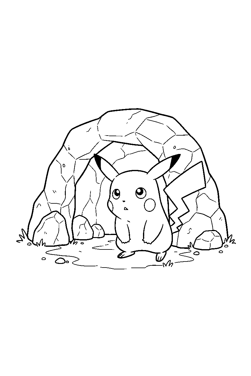 pokemon pikachu looking curious near a cave entrance line art