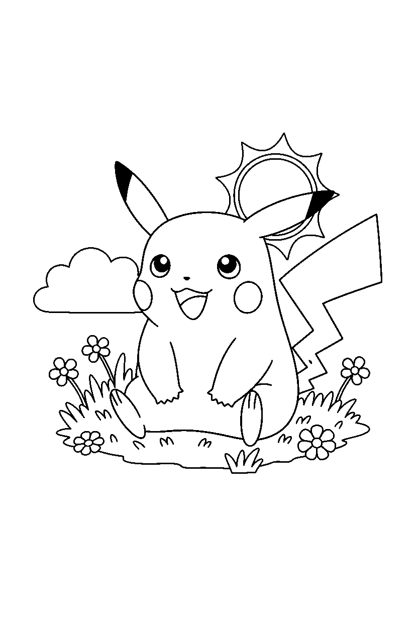 pokemon pikachu looking happy in a grassy field line art