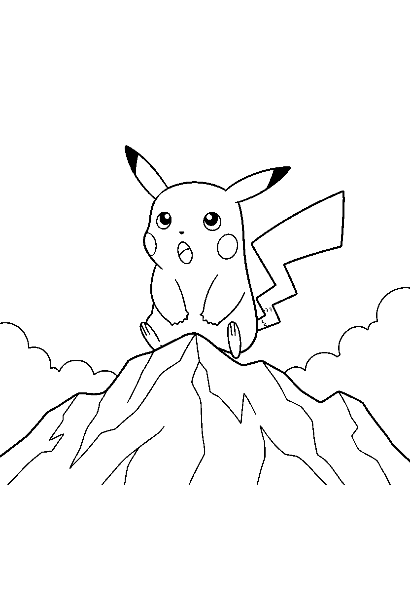 pokemon pikachu looking surprised on a rocky mountain line art