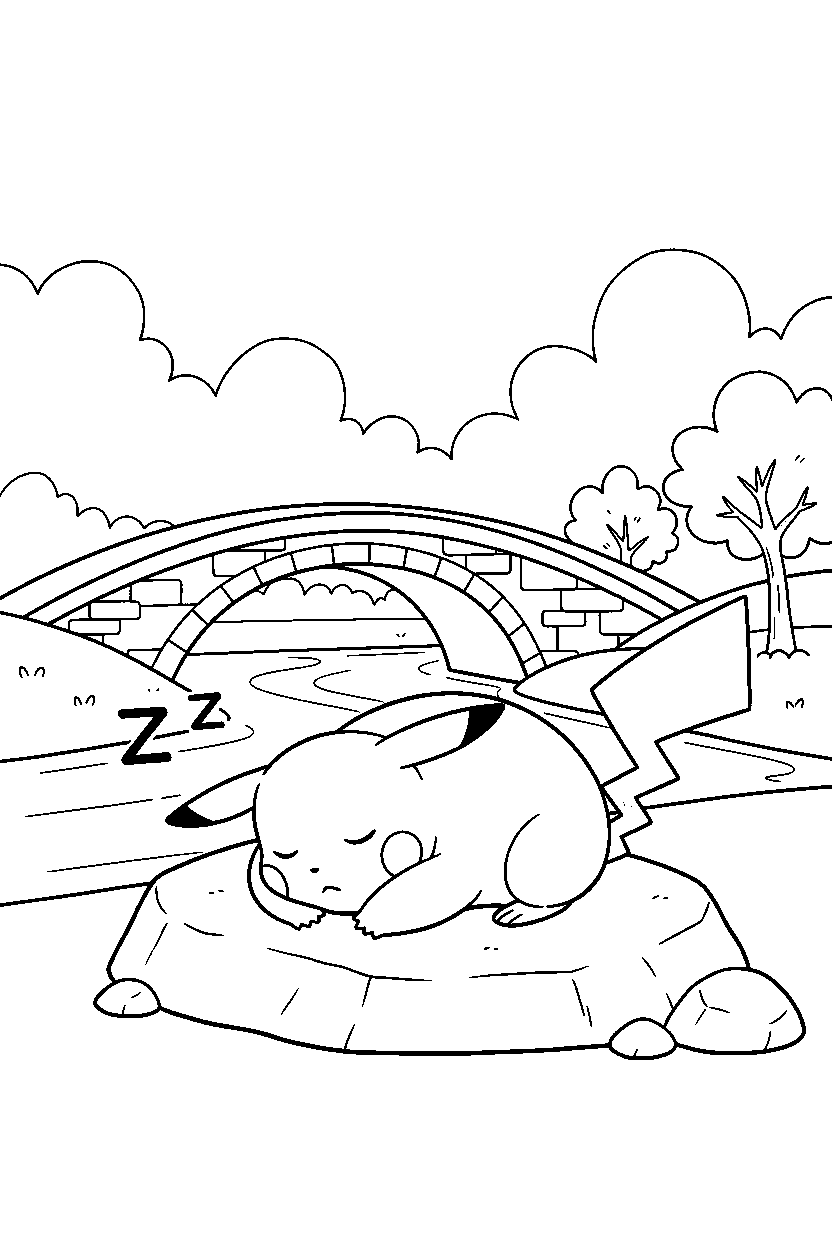 pokemon pikachu resting peacefully near a bridge line art