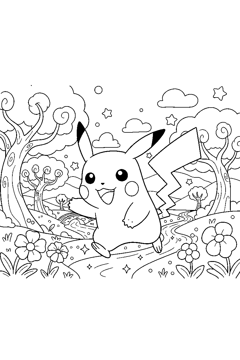 pokemon pikachu running happily in a magical valley line art