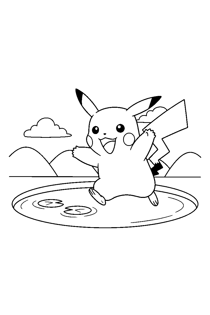pokemon pikachu running happily near a peaceful pond line art